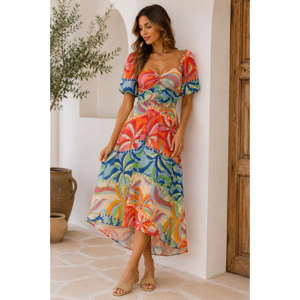 Tropical Floral Midi Dress Womens M Puff Sleeve Twist‎ Front Cutout Resort Boho